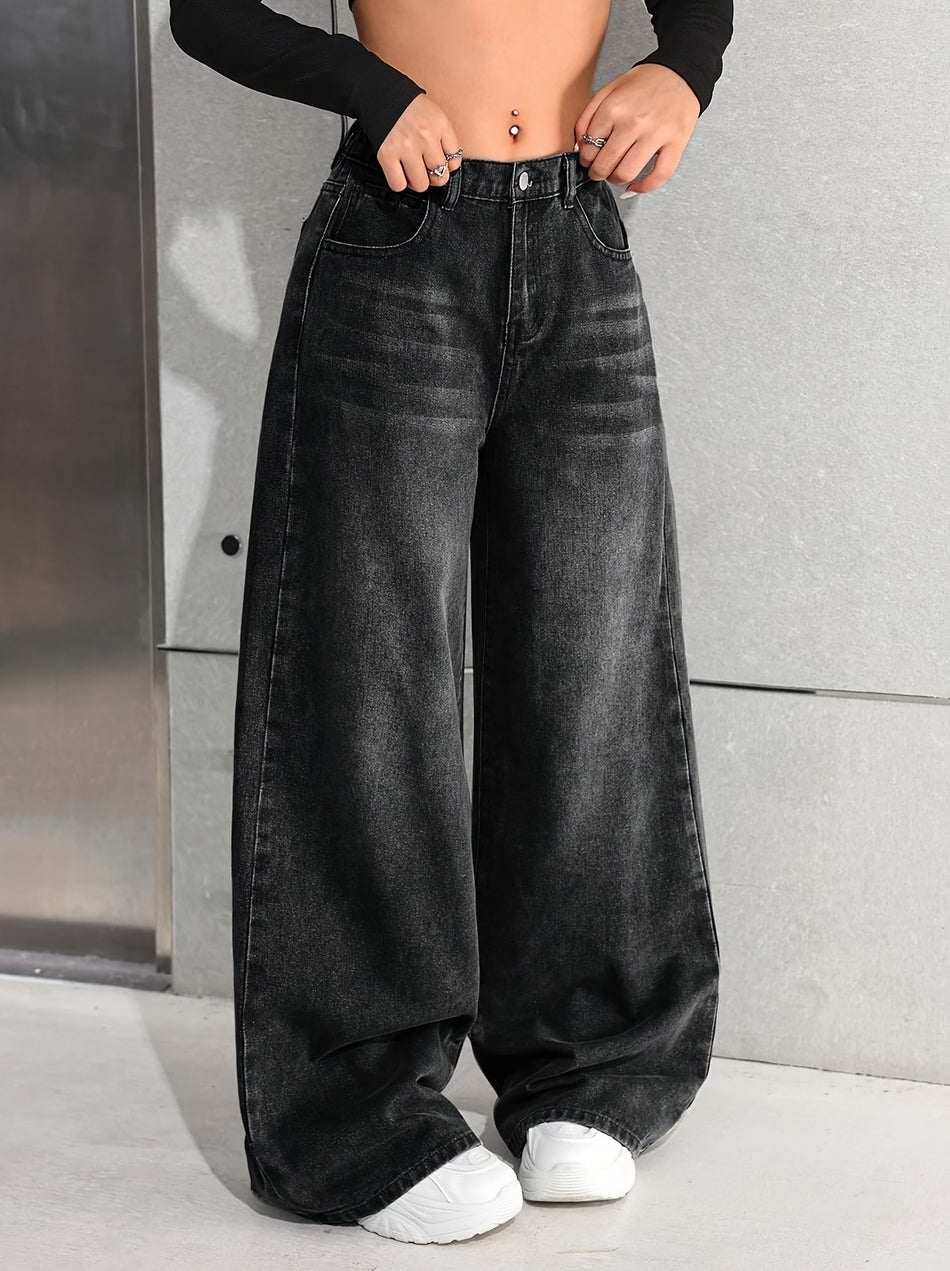 Women's Retro Black Wide Leg Elastic Waist Cat Jeans