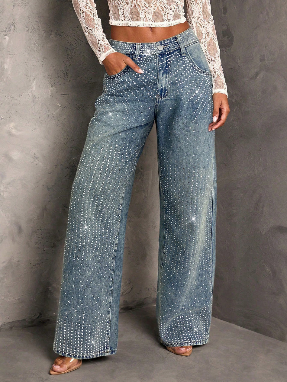 Women's Rhinestone Stretch Wide Leg Retro Jeans