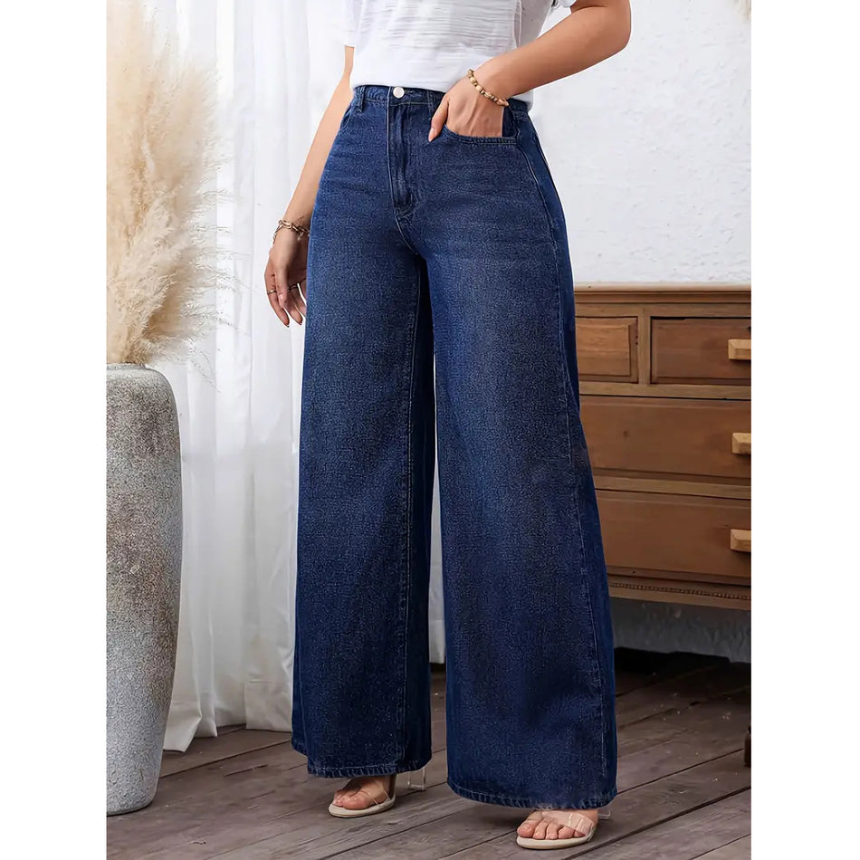 Women's Deep Blue Washed Stretch Wide Leg Jeans