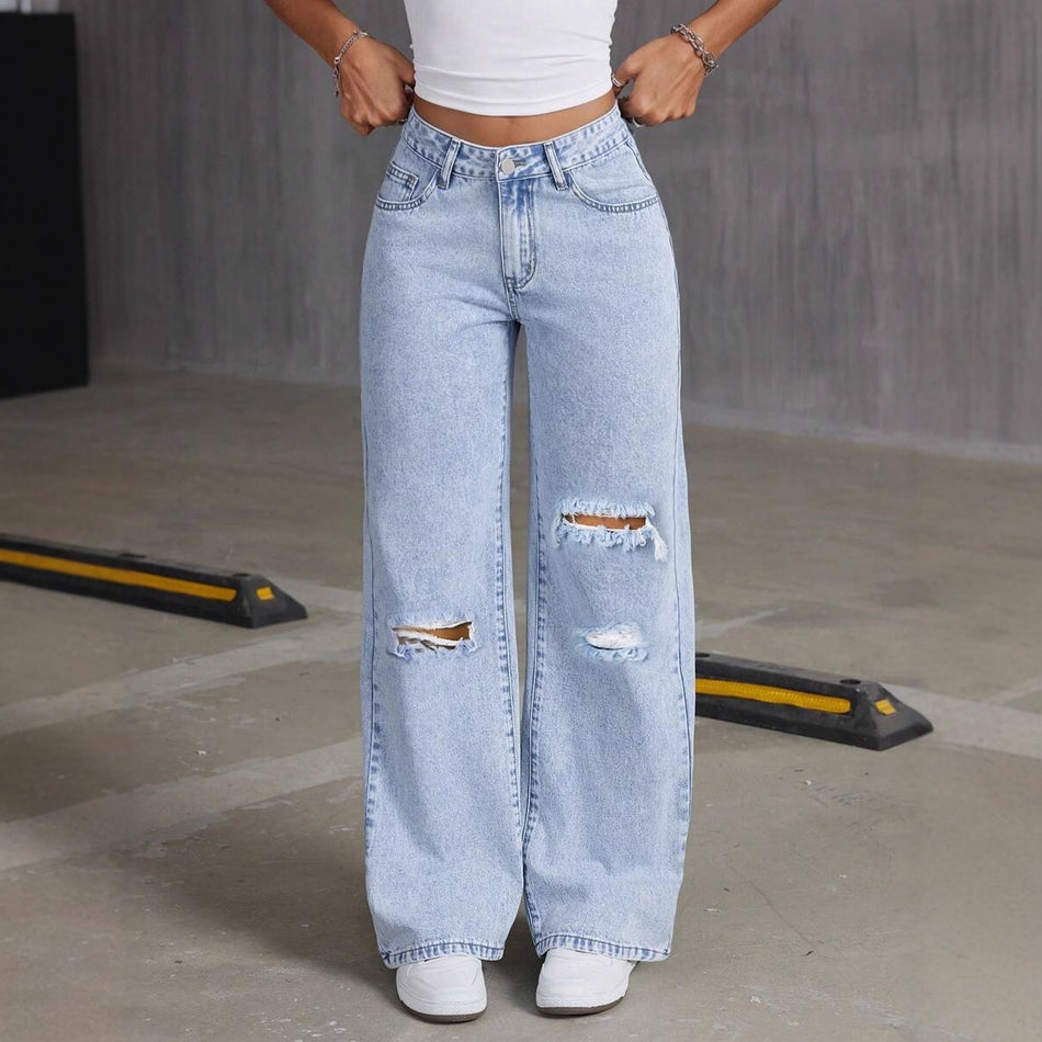 Women's Washed Ripped Wide Leg Classic Denim Jeans