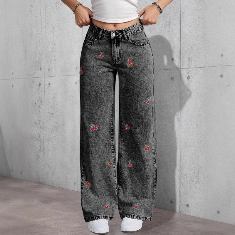 Women's Cherry Blossom Embroidered Stretch Wide Leg Jeans