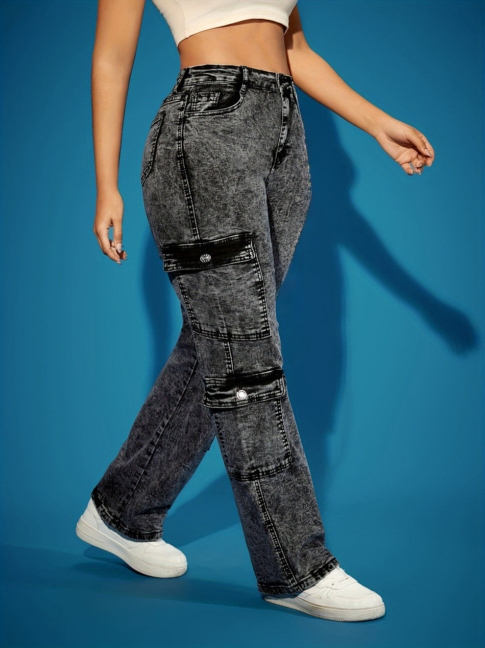 Women's Black Stretch Multi Pocket Cargo Denim Pants
