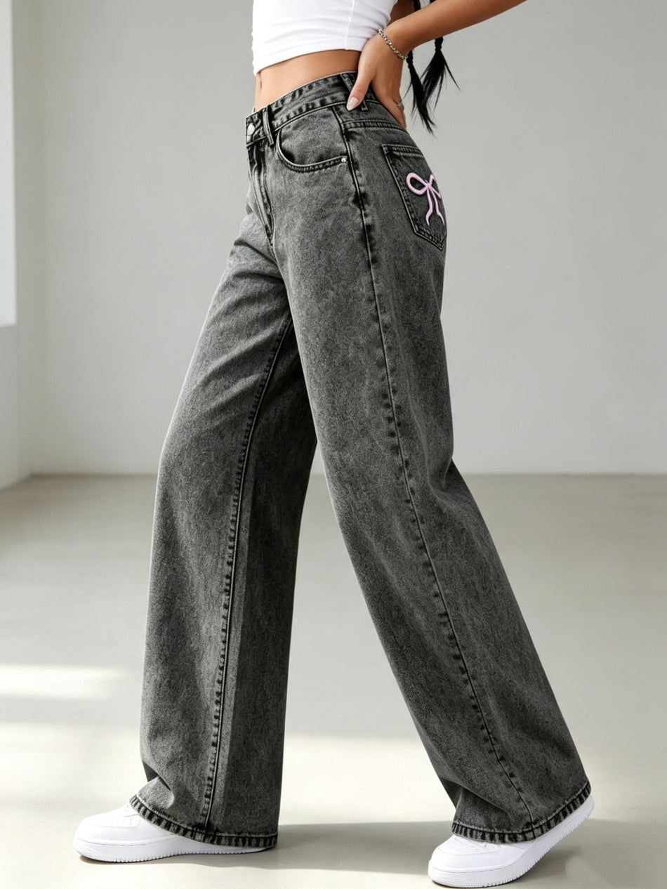 Women's Retro Bow Embroidered Loose Wide Leg Jeans