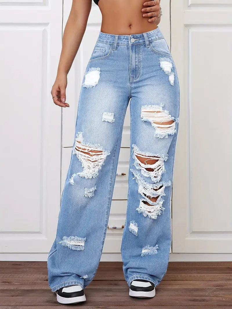 Women's Ripped Straight Leg European American Style Jeans