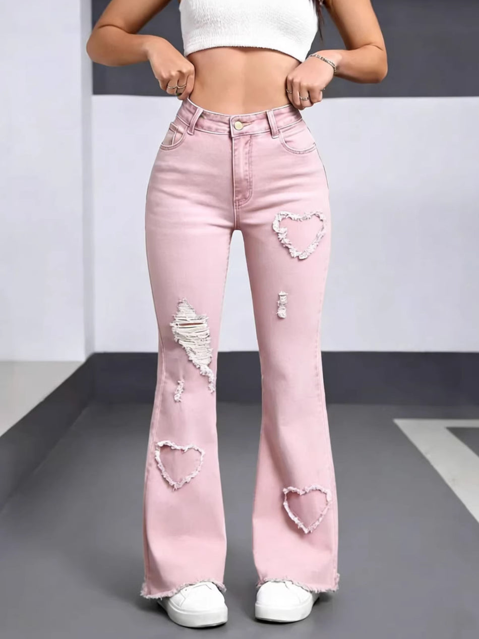 Women's Heart Embroidered Ripped Flare Frayed Hem Jeans