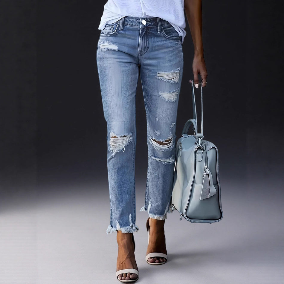 Women's Stretch Ripped Blue Cropped Skinny Jeans
