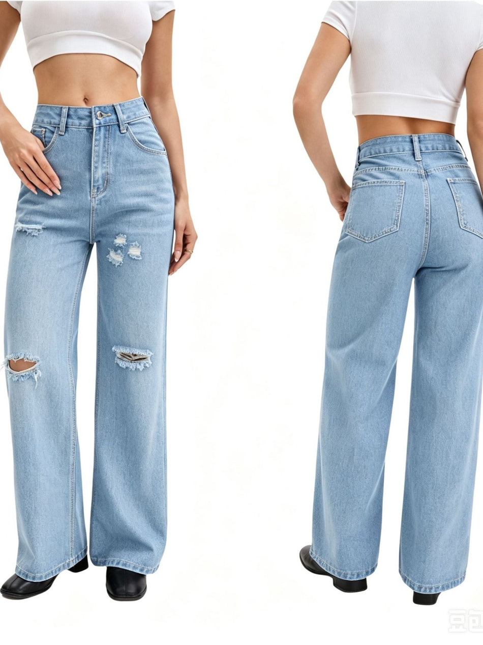 Women's High Waist Ripped Loose Straight Leg Jeans