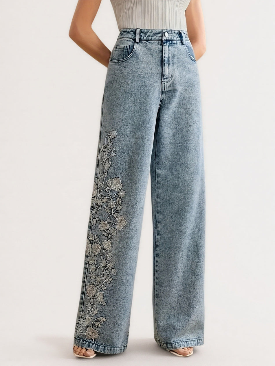 Women's Embroidered Stretch Straight Wide Leg Jeans
