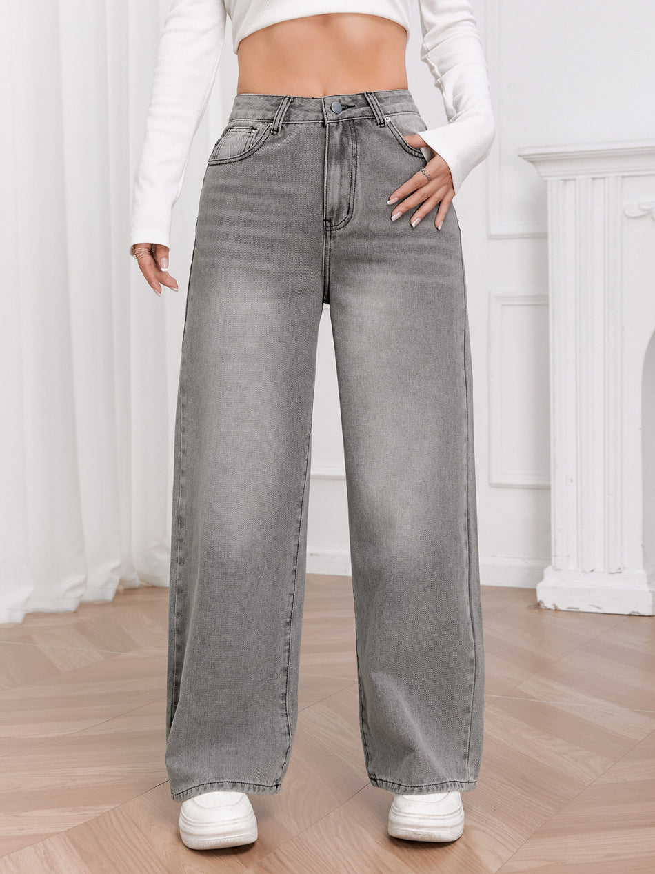Women's Gray Washed Wide Leg European Style Jeans
