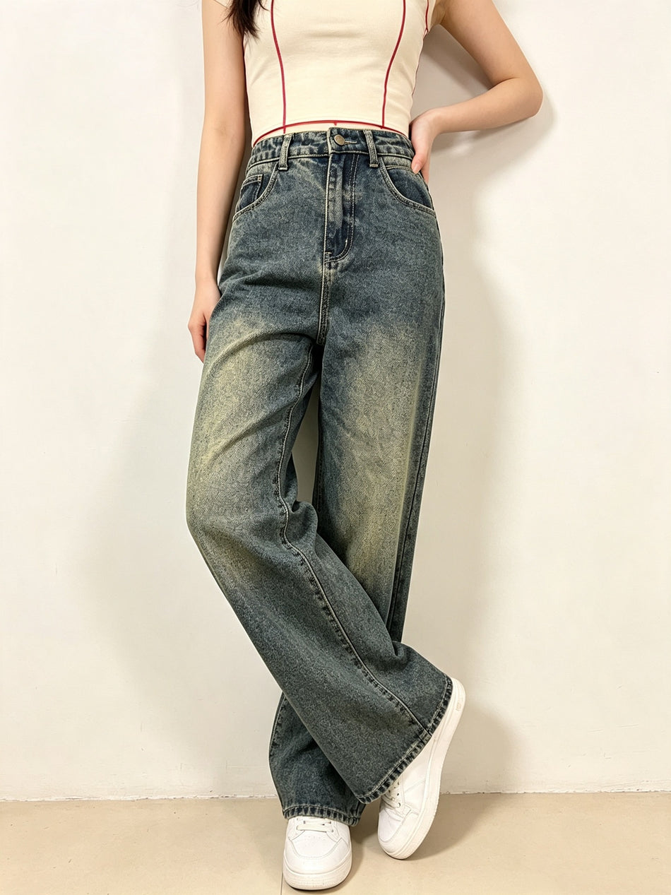 Women's Yellow Mud Embroidered Loose Wide Leg Jeans