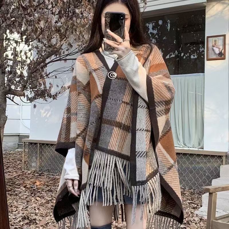 Women's Plaid Faux Cashmere Cape Coat with Tassels