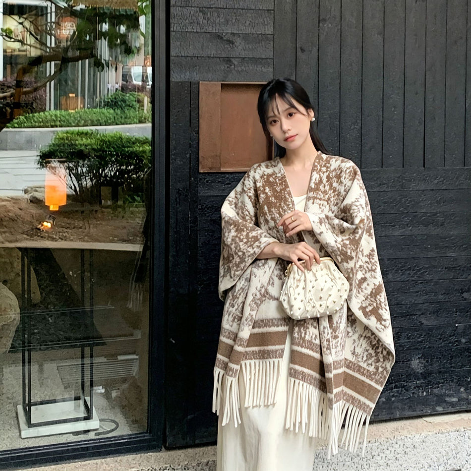 Women's Vintage Double-Sided Cape Shawl Jacket with Tassels