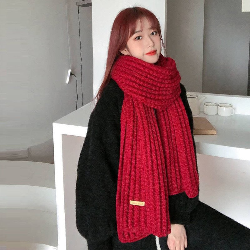 Women's Thickened Coarse Wool Knit Scarf Solid Color