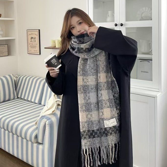 Plaid Tassel Scarf Warm Neck Shawl for Men and Women