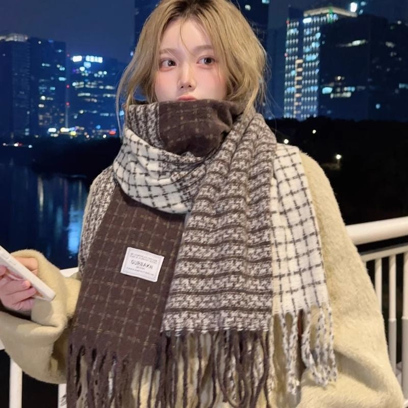 Women's Color-Blocked Plaid Faux Cashmere Winter Scarf