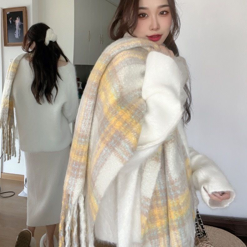 Women's Mohair Plaid Tassel Winter Shawl Scarf