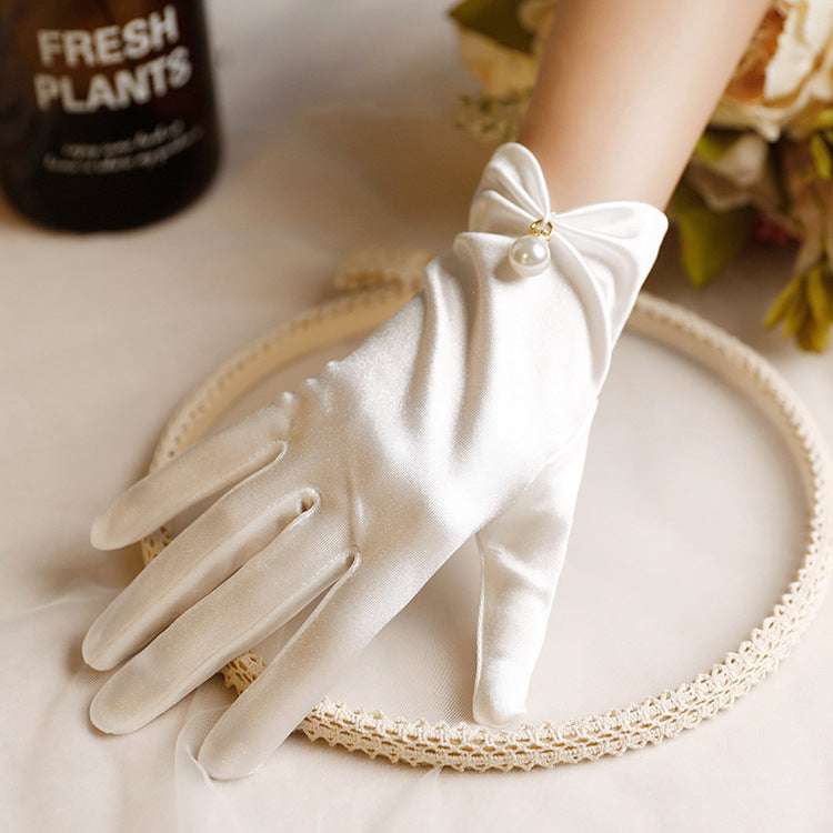 Women's White Pearl Satin Bridal Gloves Princess Style