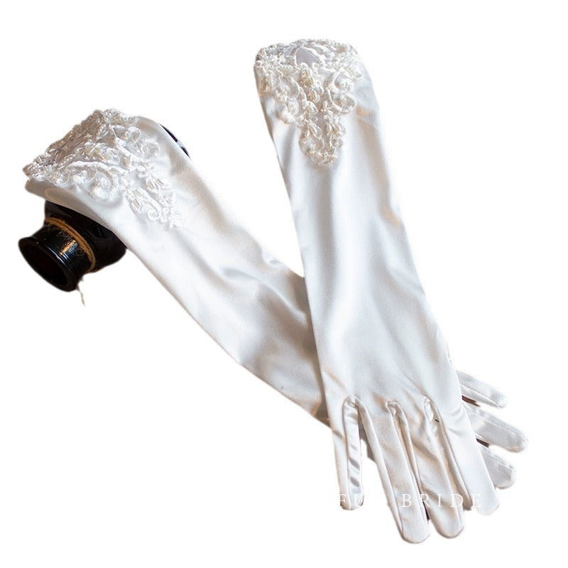French Satin Lace Bridal Wedding Gloves Elegant Style