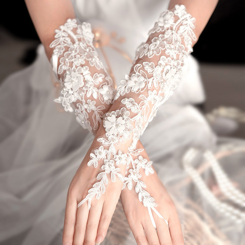 Long Lace Flower Bridal Wedding Gloves with Finger Hook