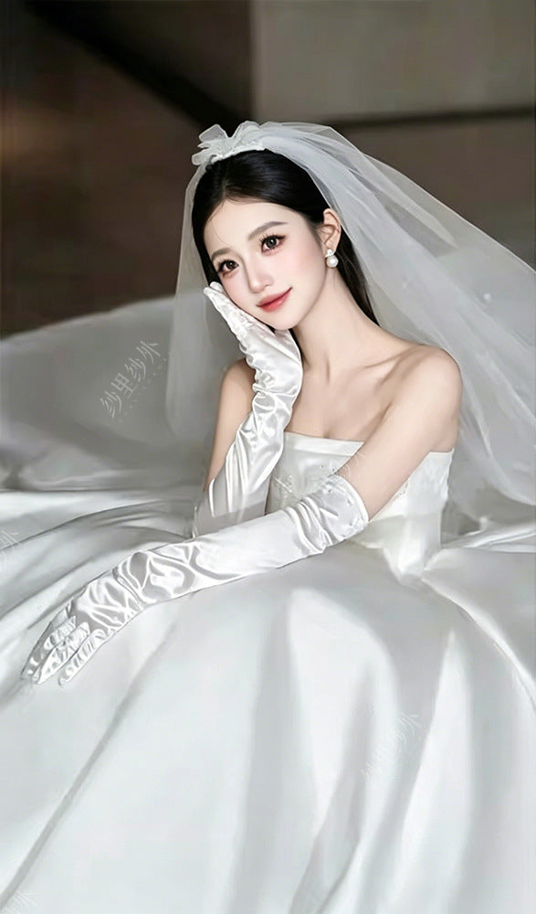 French White Satin Long Bridal Wedding Gloves