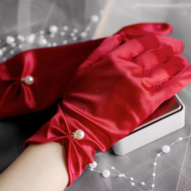 Red Satin Short Bridal Wedding Gloves Elegant Style