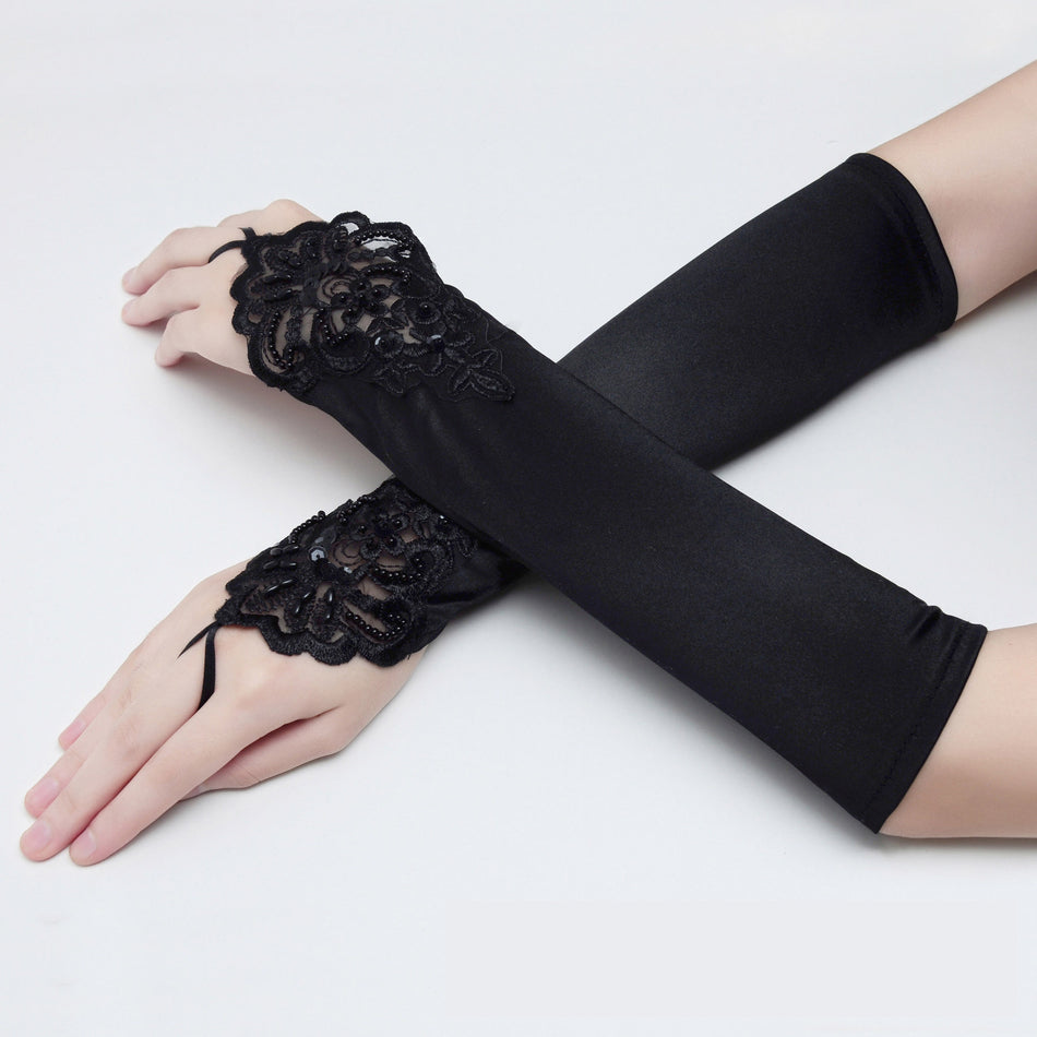 Women's Black Satin Long Wedding Evening Dress Gloves