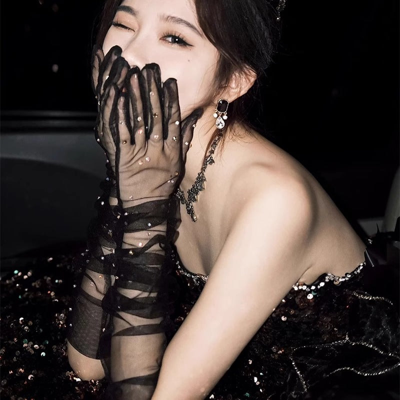 Women's Long Black Mesh Lace Bridal Wedding Gloves