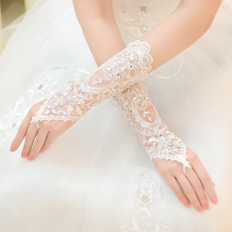 Women's Long Fingerless Floral Rhinestone Bridal Gloves