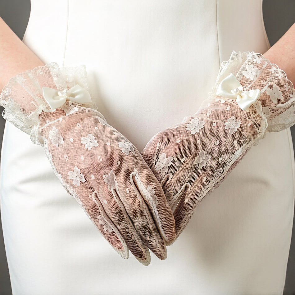 Women's Short Bow Lace Bridal Wedding Gloves