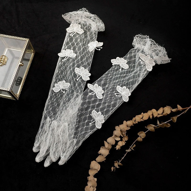 Women's White Mesh Flower Lace Bridal Gloves