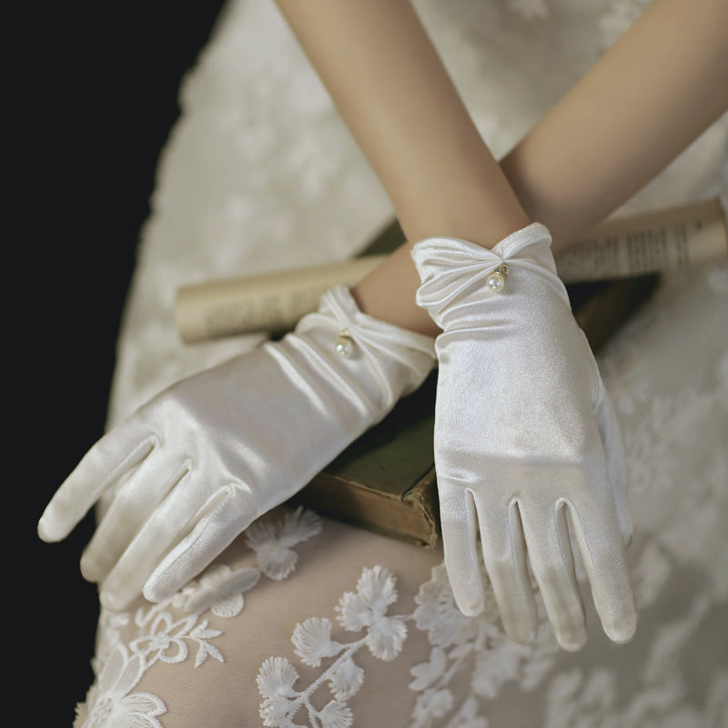 Women's Black Pearl Lace Satin Bridal Wedding Gloves