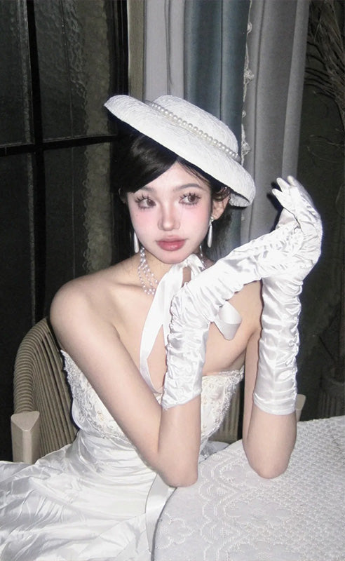 Women's White Satin Long Lace Bridal Wedding Gloves