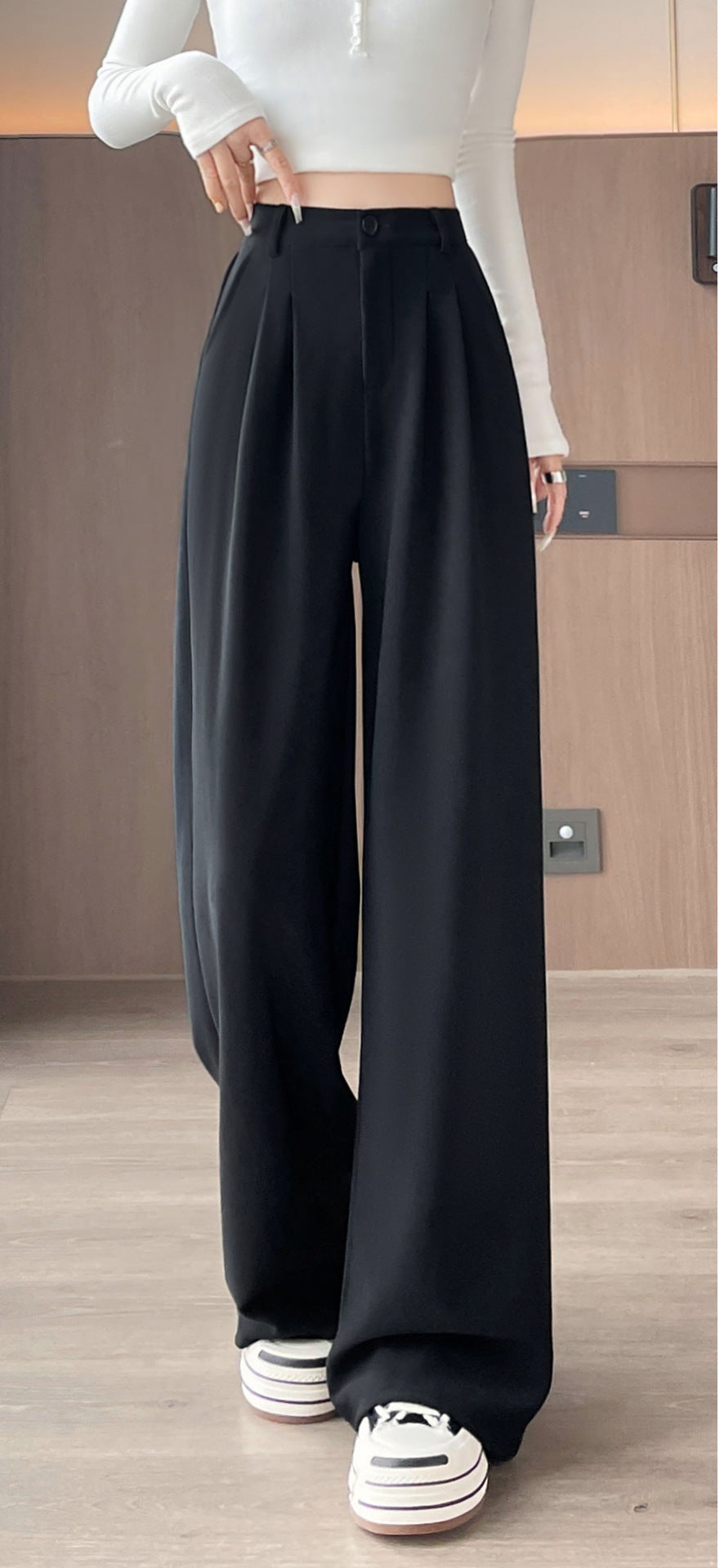 Women's Black Wide-Leg Suit Pants with Elegant Drape