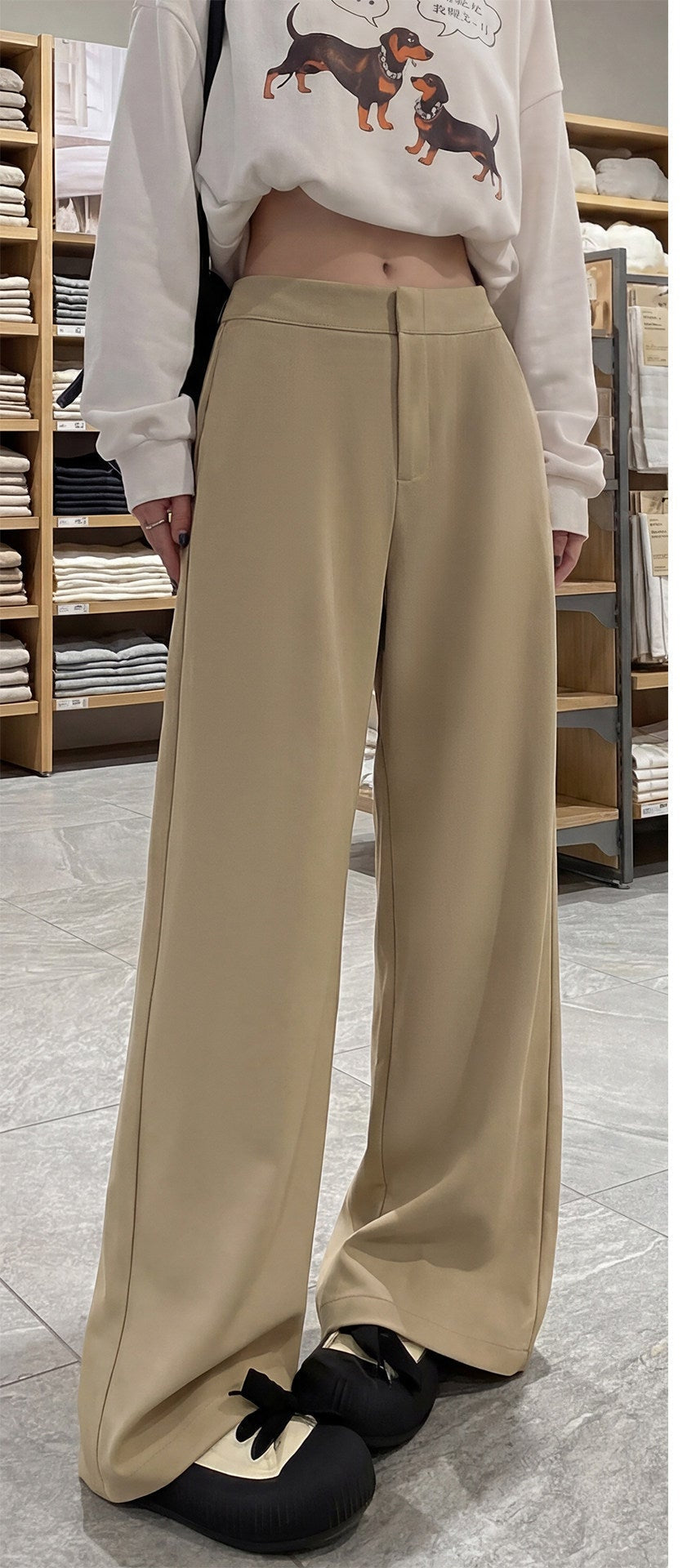 Women's Khaki Wide-Leg Petite Suit Pants with Straight Cut