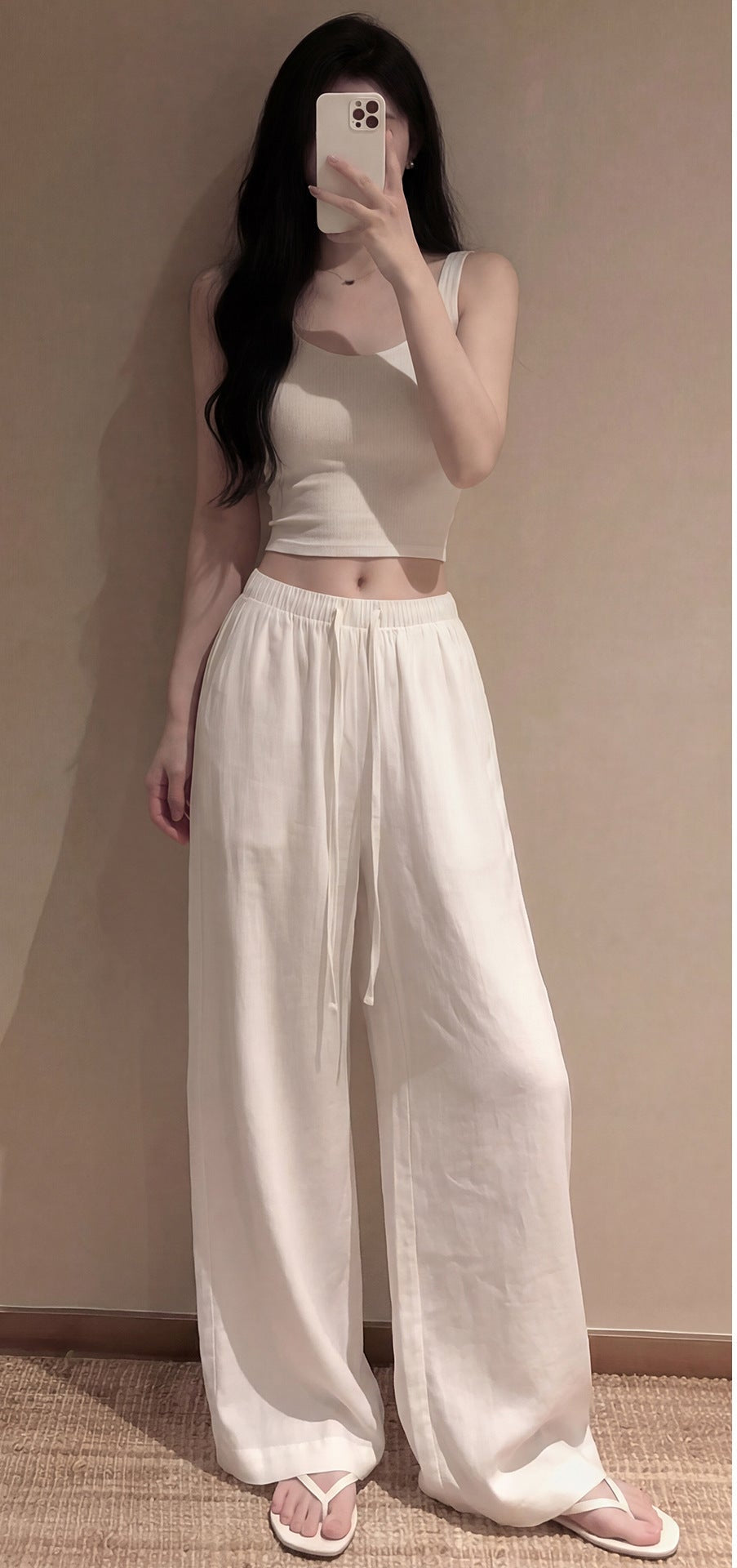 Women's Navy Blue Cotton-Linen Wide-Leg Pants with Relaxed Fit