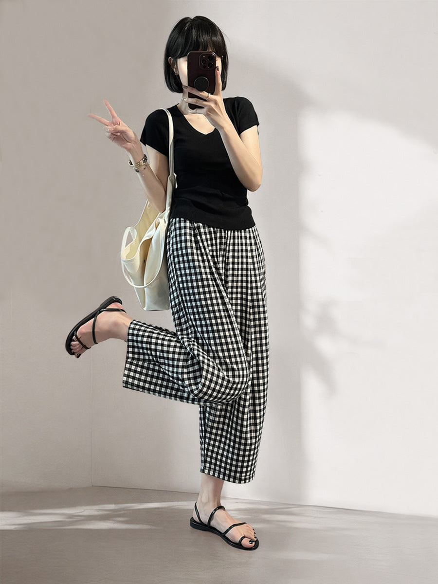 Women's Black White Plaid High-Waist Wide-Leg Pants