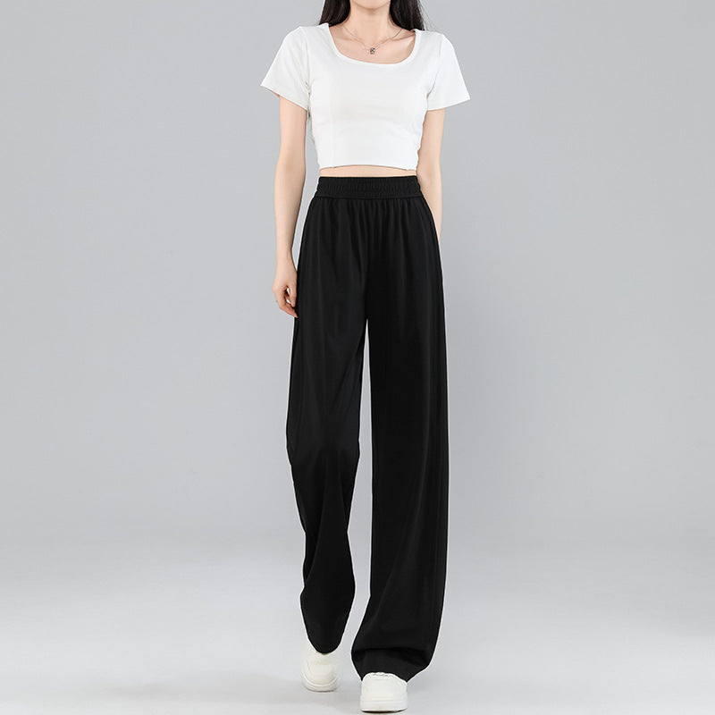 Women's Ice Silk High-Waist Spliced Wide-Leg Petite Pants