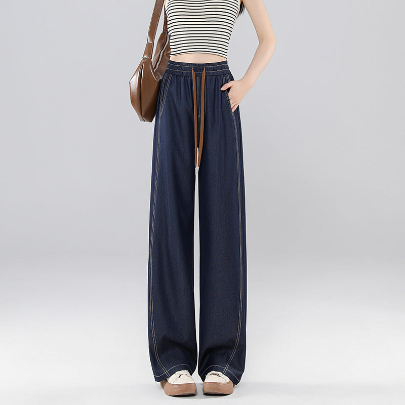 Petite Women's High-Waist Ice Silk Faux Denim Wide-Leg Pants