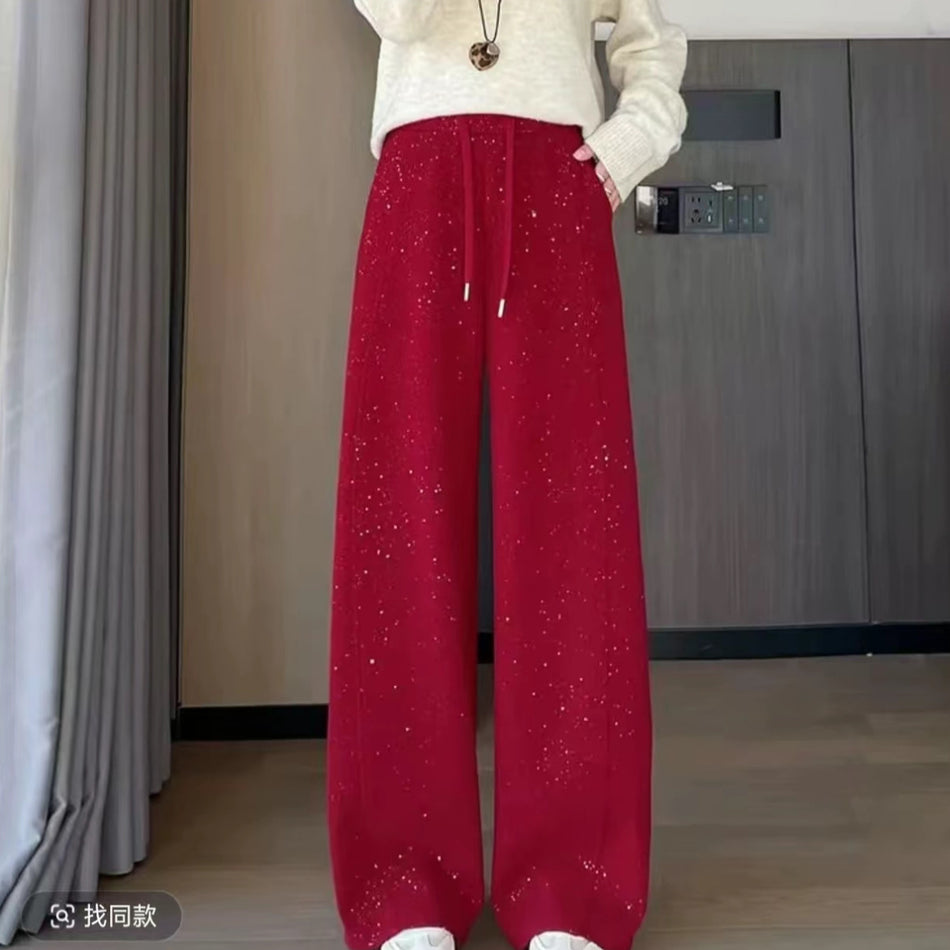 Women's Fleece-Lined High-Waist Draped Gold-Stamped Pants