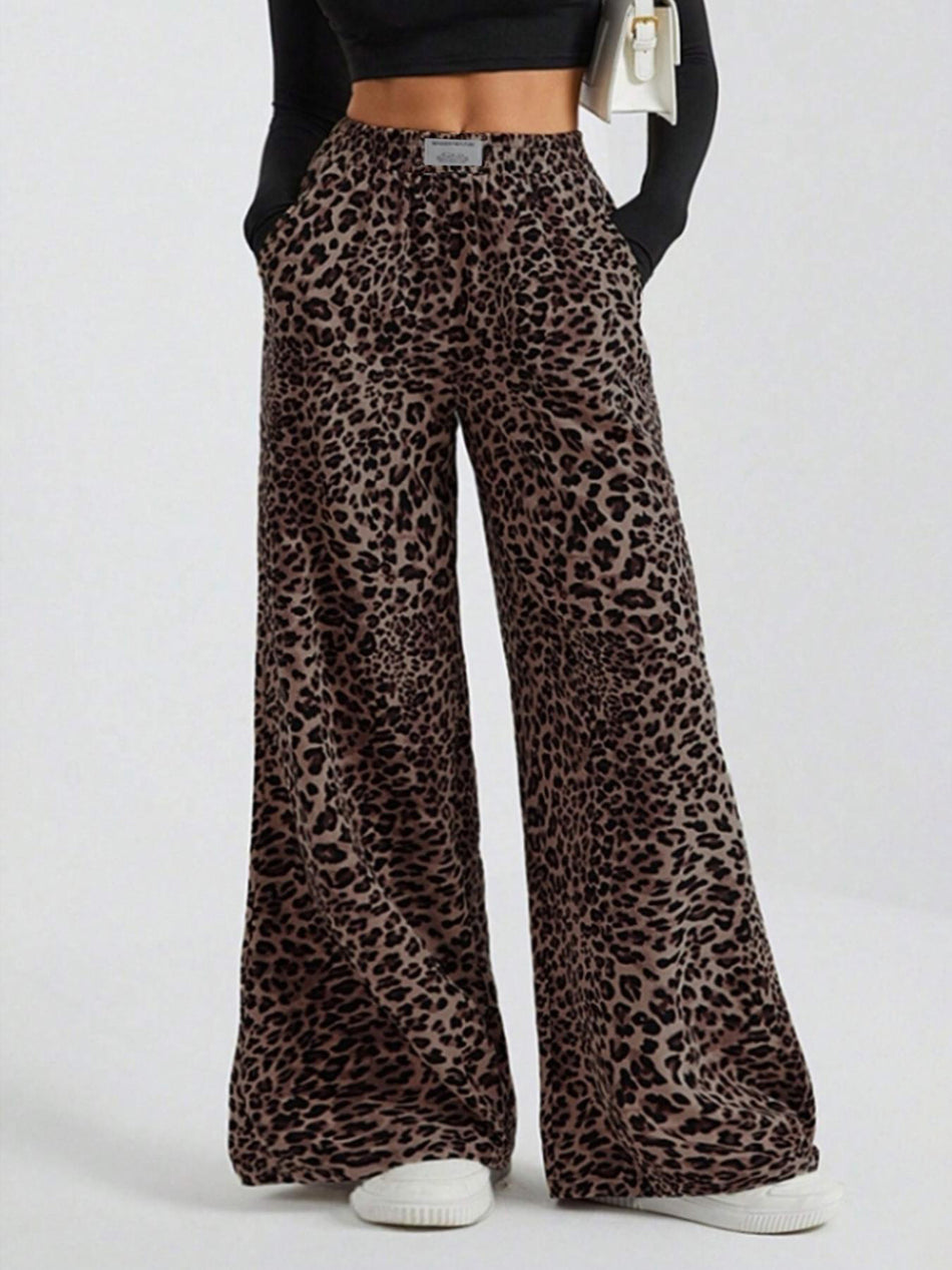 Women's Leopard Print High-Waist Elastic Wide-Leg Pants