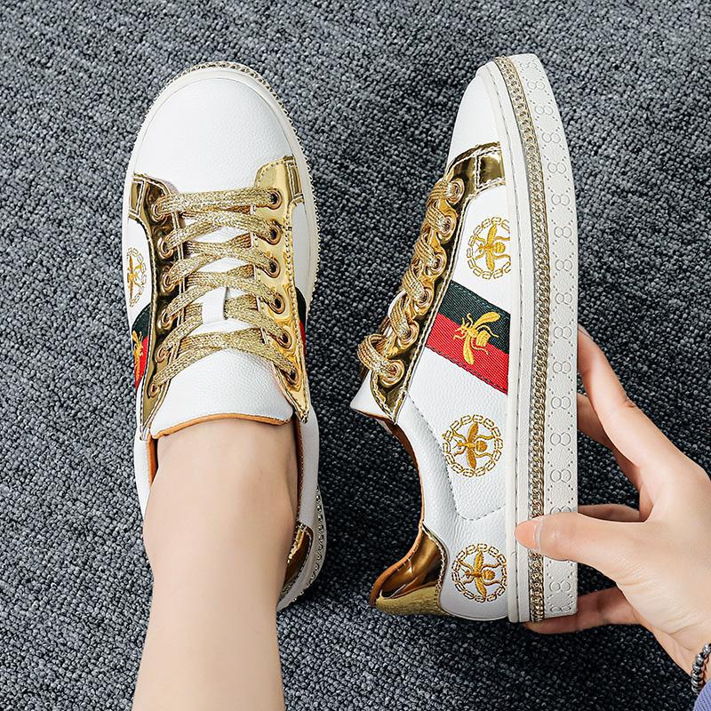 Women's Genuine Leather Bee-Patterned Casual White Sneakers