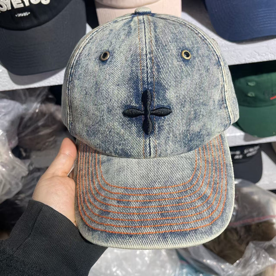 Women's Cross Flower Denim Curved-Brim Baseball Cap
