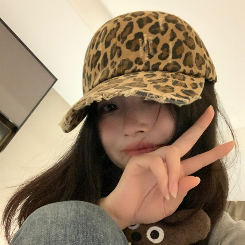 Women's Leopard Print Distressed Wide-Brim Duckbill Cap