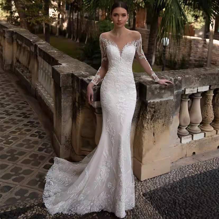 Deep V Backless Fishtail Wedding Dress with Soft Tulle