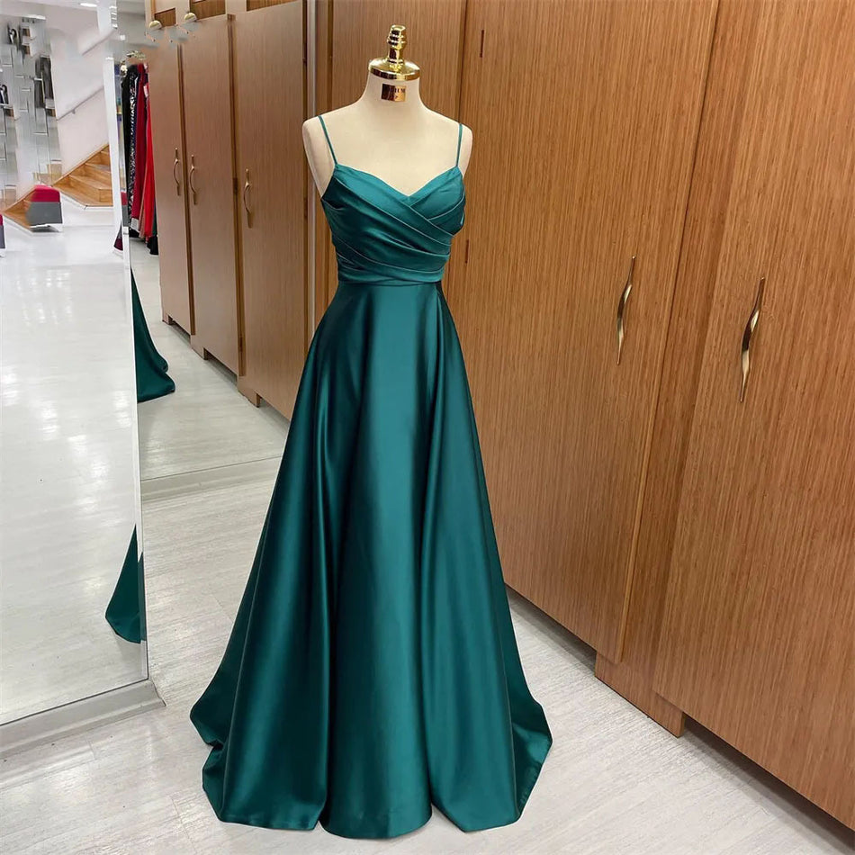 Dark Green Satin V Neck Spaghetti Strap Evening Dress Women