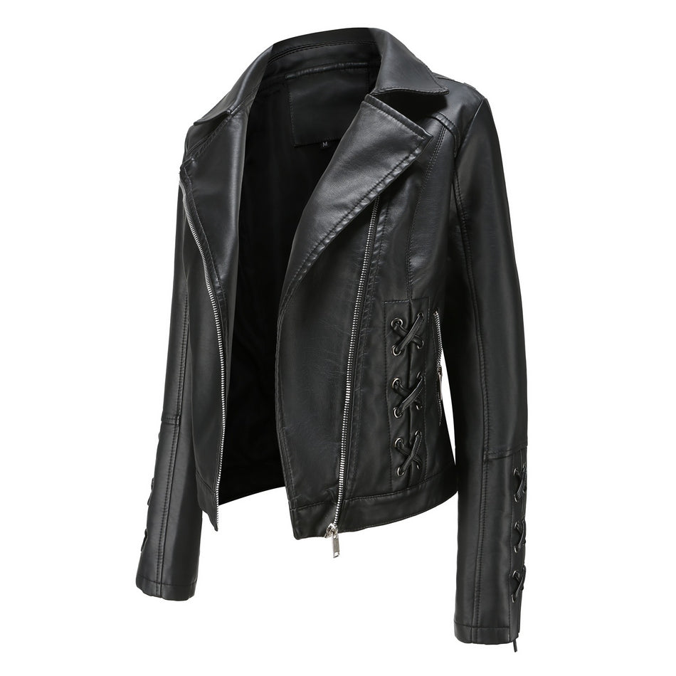 Women's Woven Leather Strap Jacket European Style Casual Coat