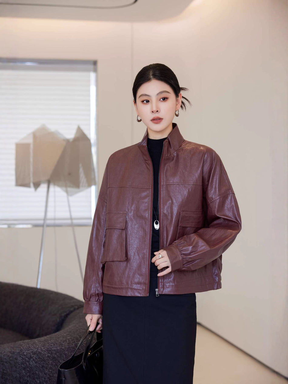 Women's Stand Collar Oil Wax Leather Jacket Short Spring Autumn