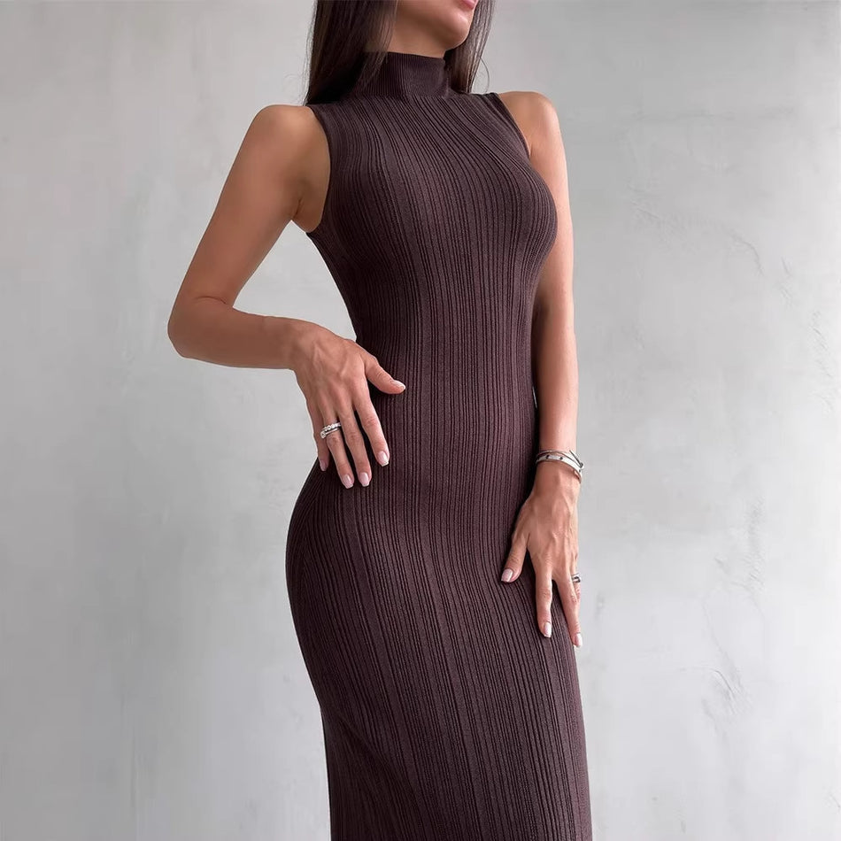 Women's Mercerized Cotton High Neck Sleeveless Bodycon Dress