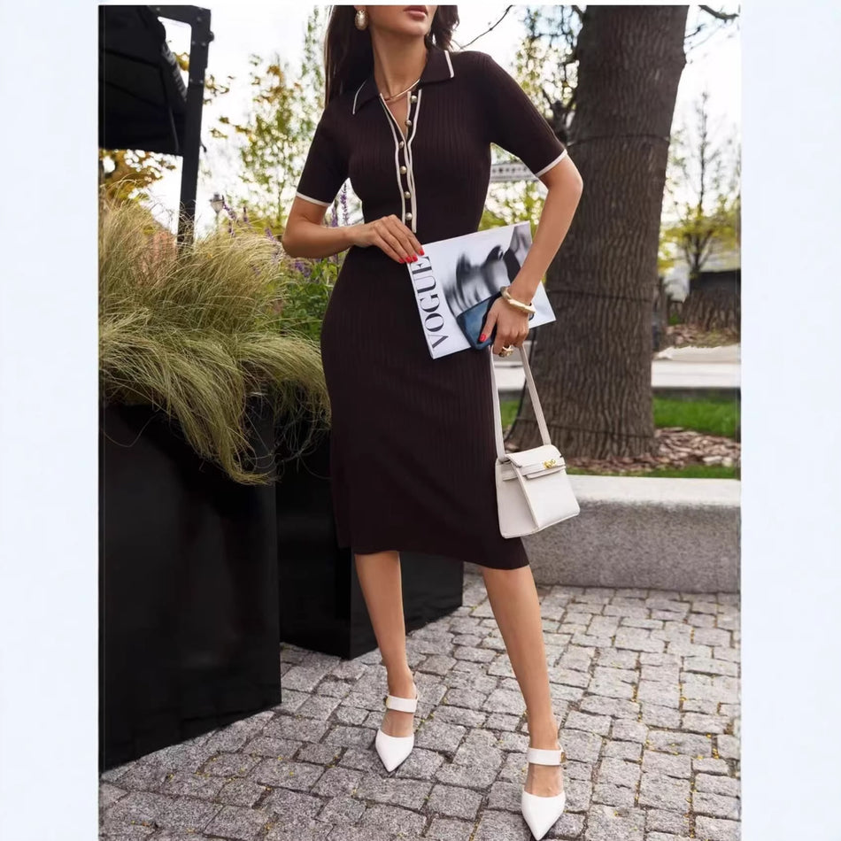 Women's Mercerized Cotton Color-Block Polo Collar Knit Dress