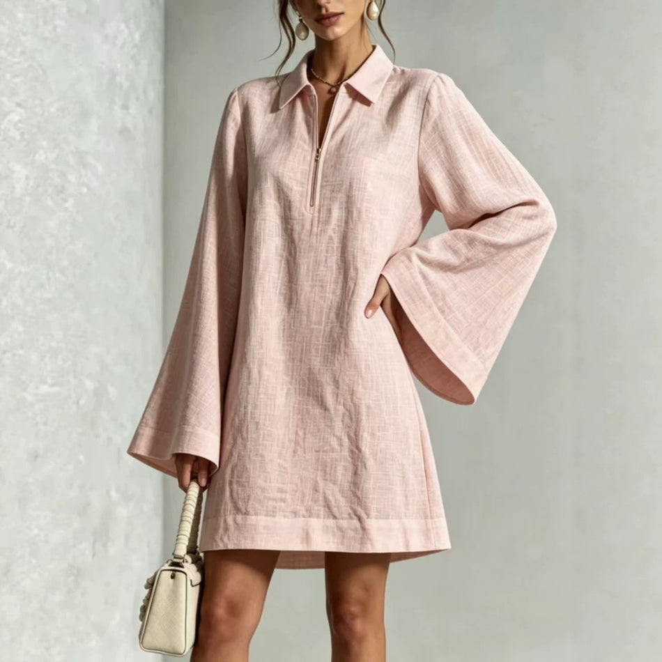 Women's Cotton Linen Lapel Half-Zip Loose Long Sleeve Dress
